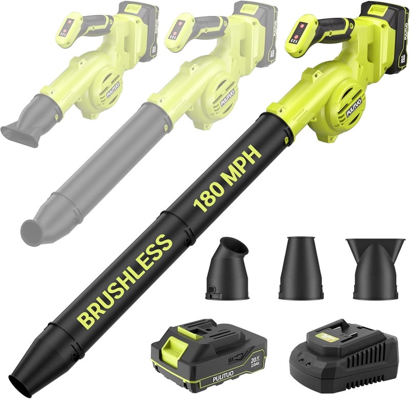 PULITUO Leaf Blower Cordless, 3 in 1 Small Leaf Blower- 180MPH 20,000RPM Brushless Mini Blower Cordless Handheld Battery Blowers for Lawn Care, Dust, Grass and Car (1 Battery) - Image 1